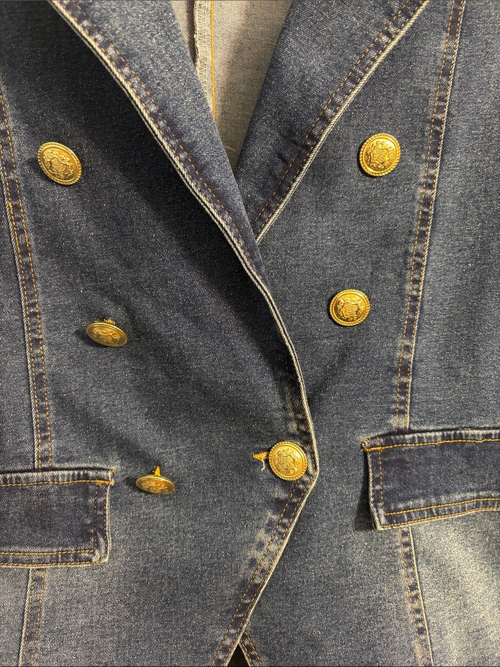 Double-Breasted Denim Vest in Dark Blue with Gold Buttons - Picture 3 of 9
